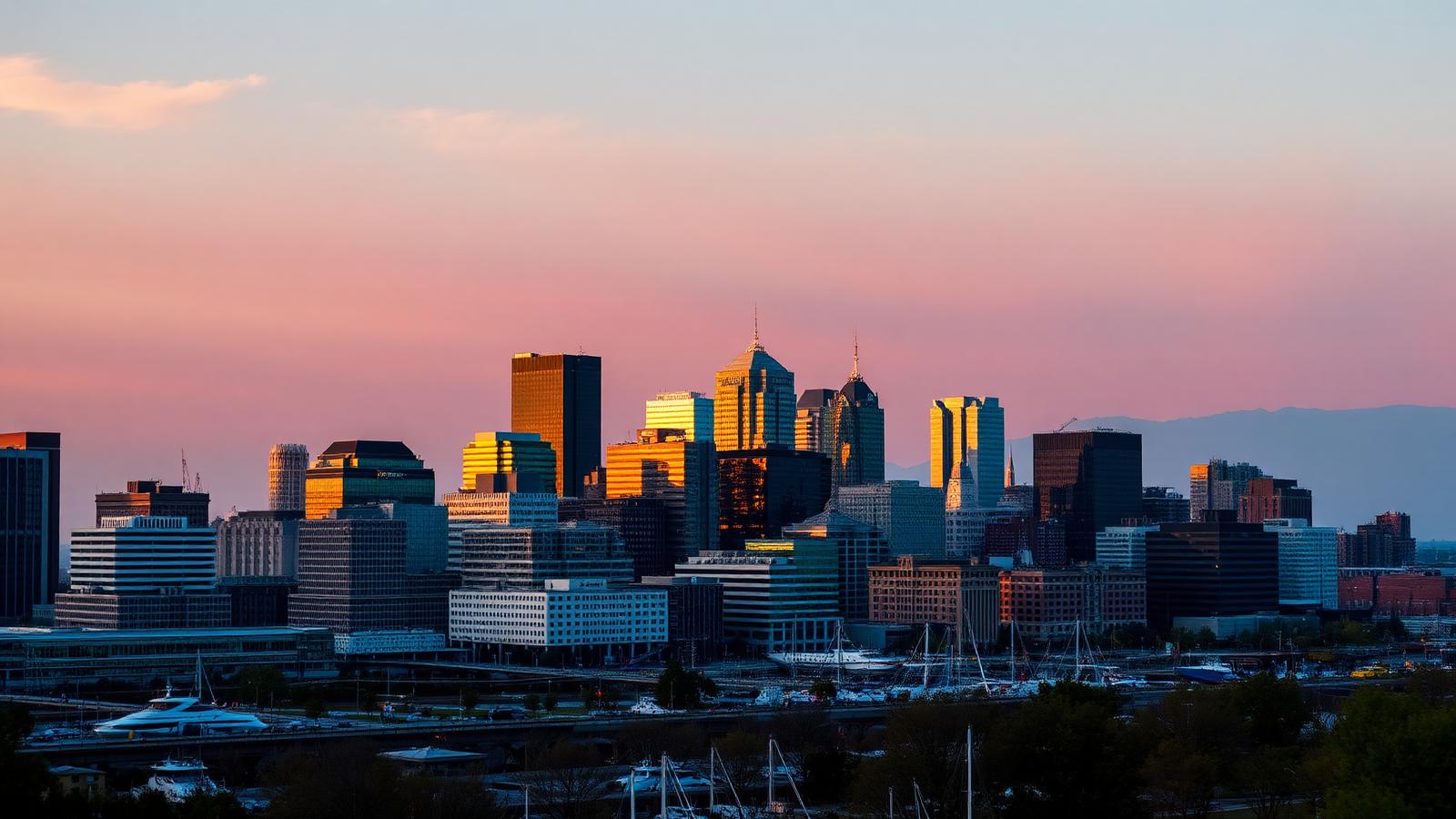 Baltimore Inner Harbor skyline at golden hour